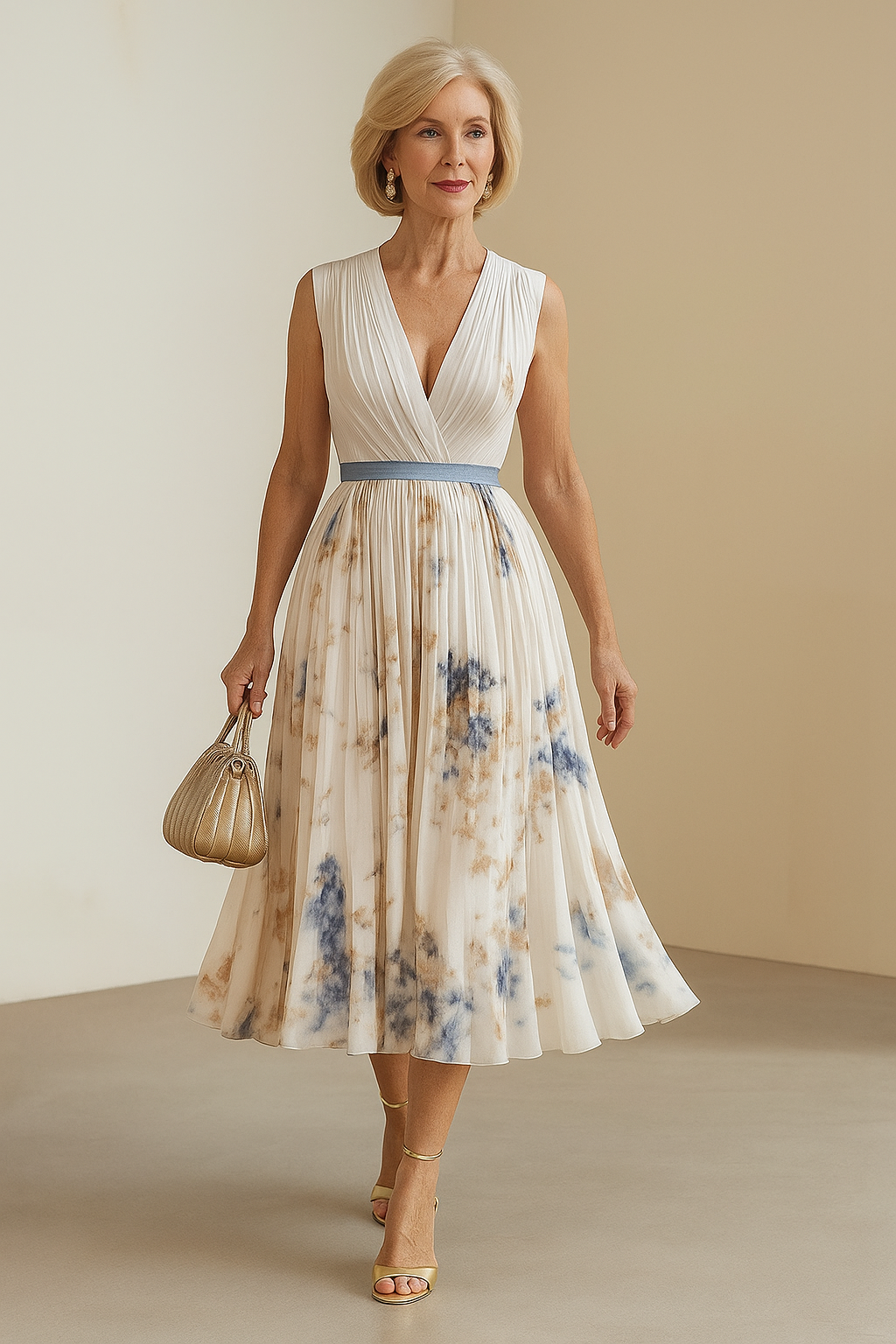 Elegant women's pleated wrap midi dress, perfect for wedding guests & special occasions.