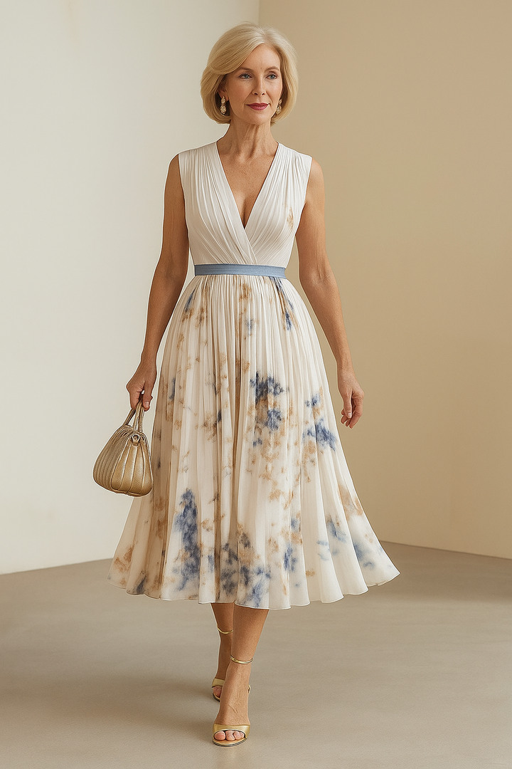 Elegant women's pleated wrap midi dress, perfect for wedding guests & special occasions.