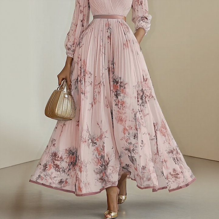 Elegant women's flowy wrap midi dress with pleats, ideal for wedding guests & formal occasions.