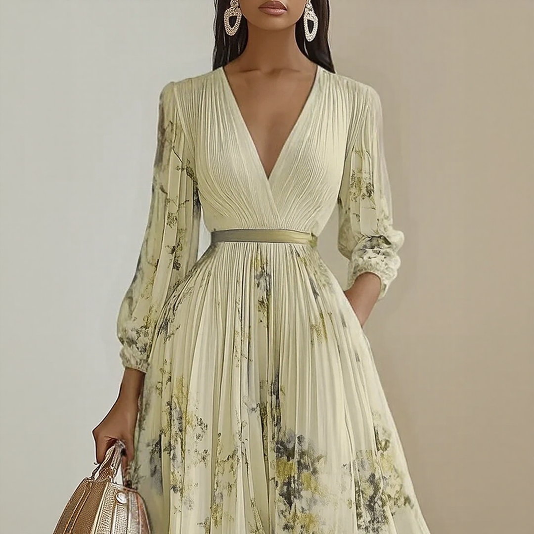 Elegant women's midi dress with a flattering pleated wrap style, great for races and formal events.