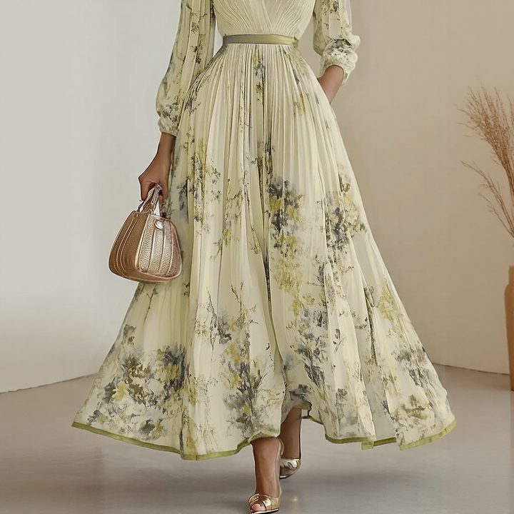 Flowy women's pleated wrap midi dress, an elegant sleeveless design for special occasion wear.