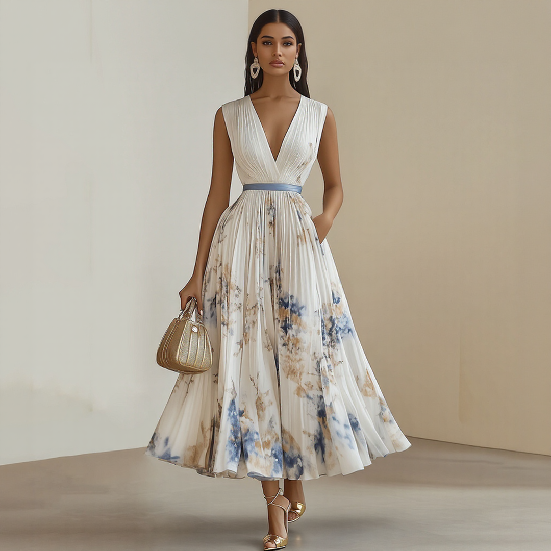 Flowy sleeveless midi dress with flattering wrap and pleats for women. Ideal for parties.