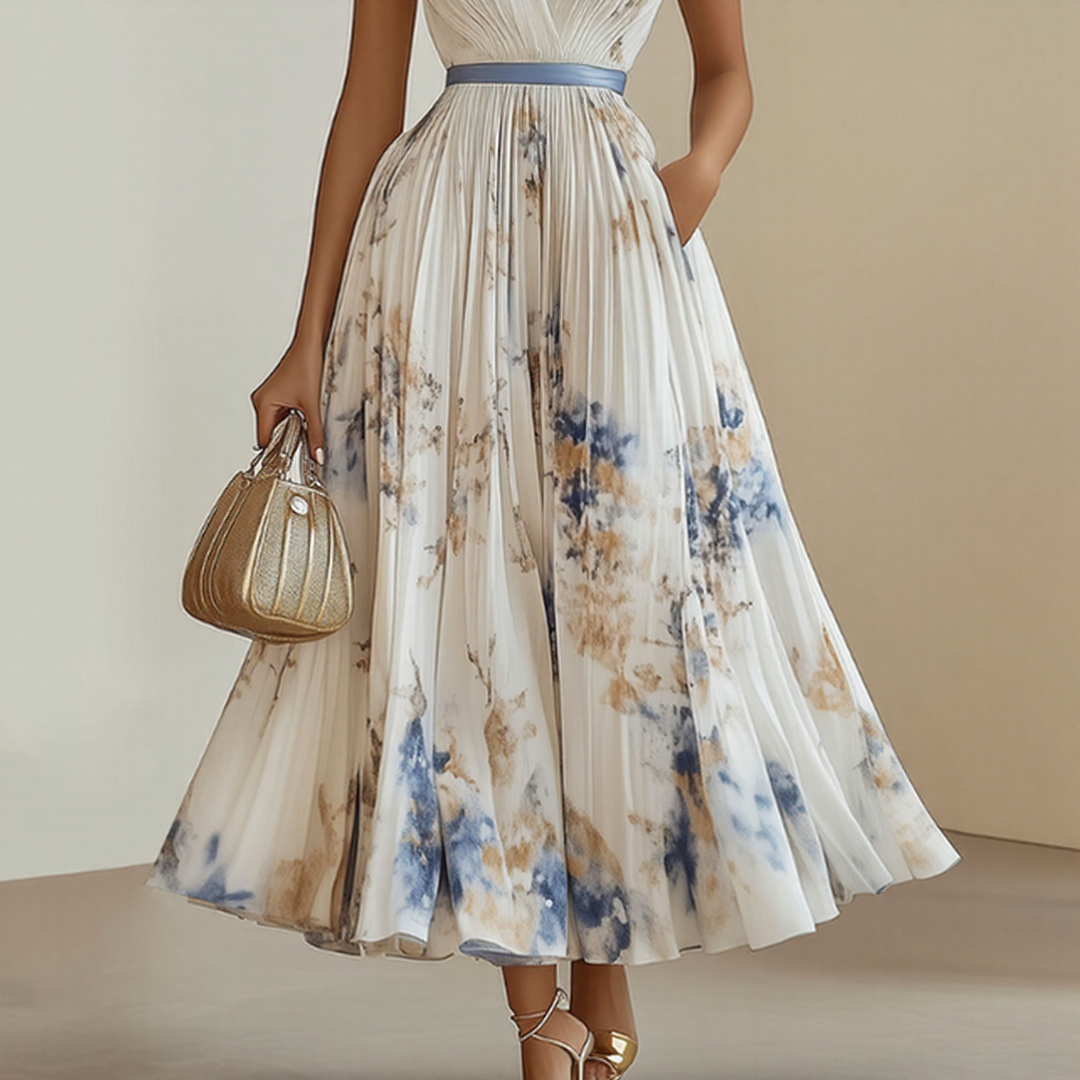Sleeveless women's midi dress with stylish pleated wrap. Perfect for daytime parties.