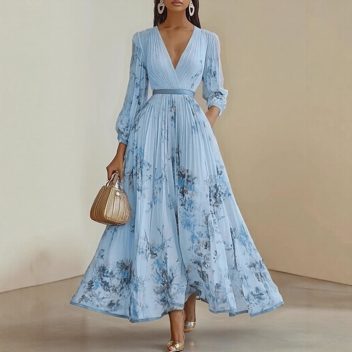 Elegant pleated wrap midi dress for women. Flowy and flattering fit for wedding guests.