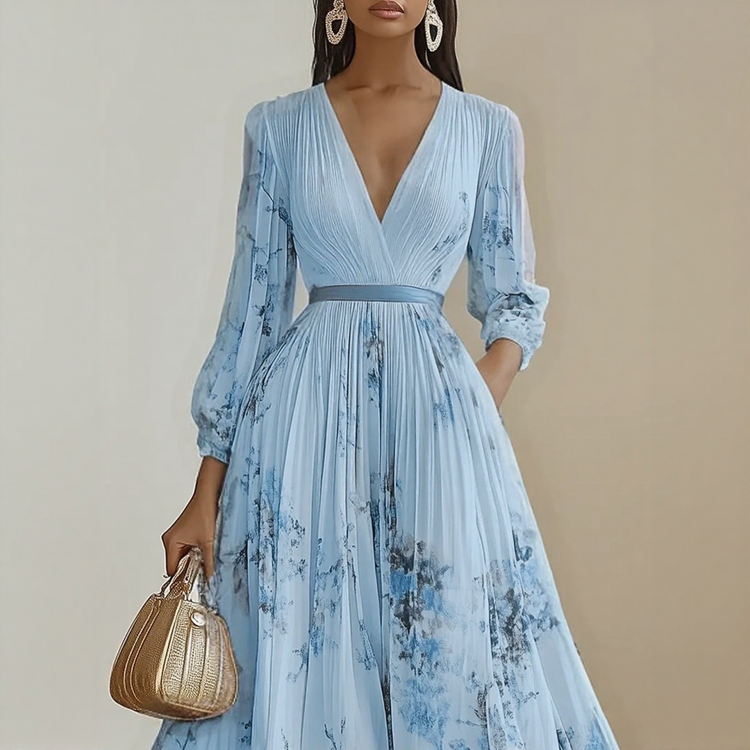 Women's special occasion midi dress, elegant pleated wrap design & flattering fit.