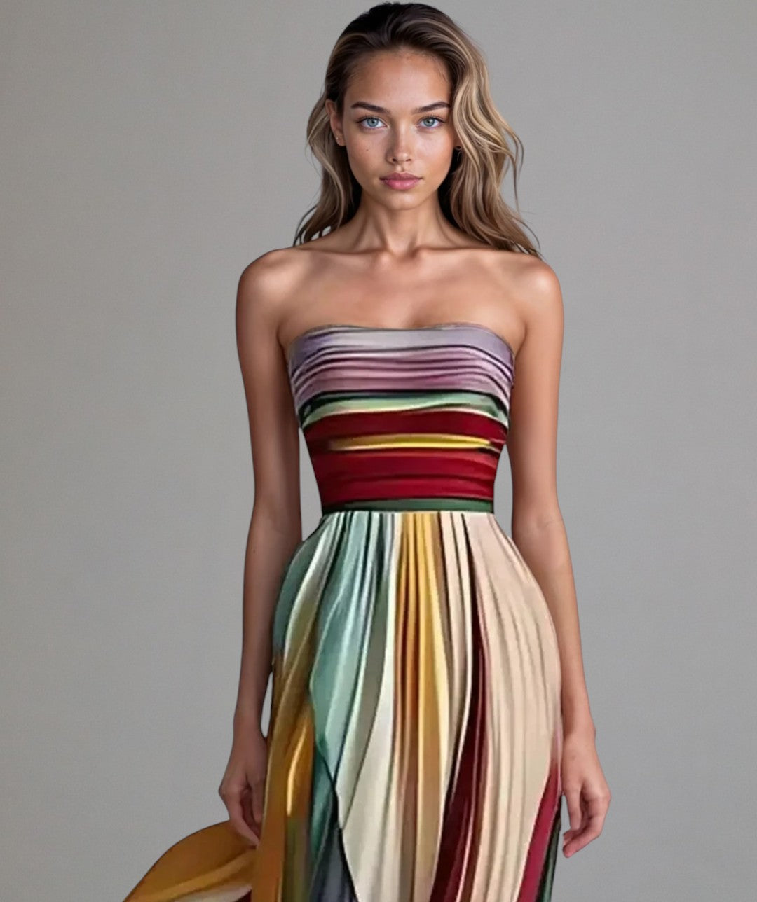 Elegant women's strapless pleated maxi dress, ideal for wedding guests & formal special occasions. Flowing design.
