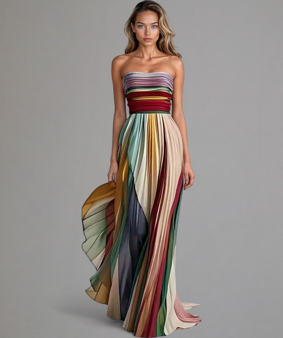 Flowing strapless pleated maxi dress for women. Perfect evening gown or party dress for elegant special occasions.