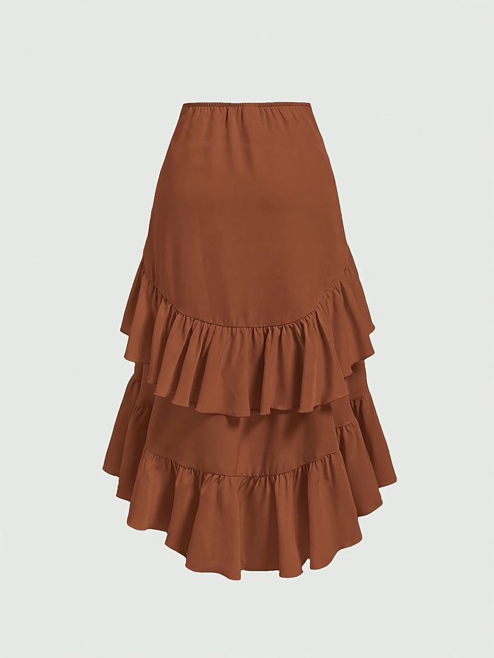 Graceful tiered ruffle hem midi skirt for women, offering effortless style and comfort. Perfect for spring/summer.