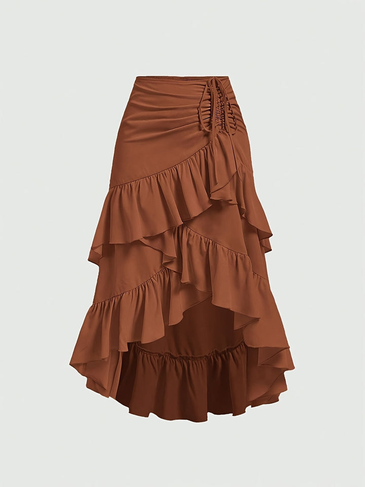 Chic women's tiered ruffle midi skirt, perfect for a breezy summer day or stylish spring outfit.