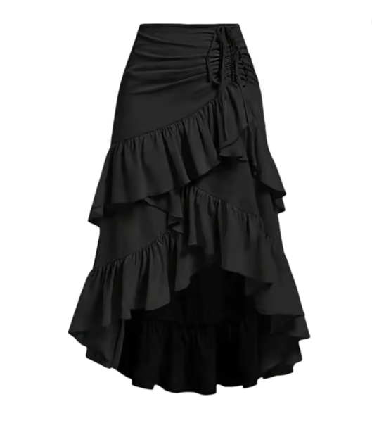 Effortlessly stylish women's Graceful midi skirt with tiered ruffles, offering comfort and an elegant silhouette.