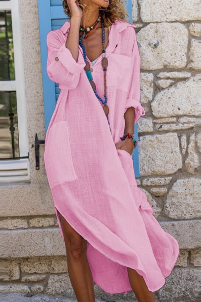 Elegant women's V-neck midi dress, perfect for vacation. Flowy, relaxed fit, a stylish summer day dress.