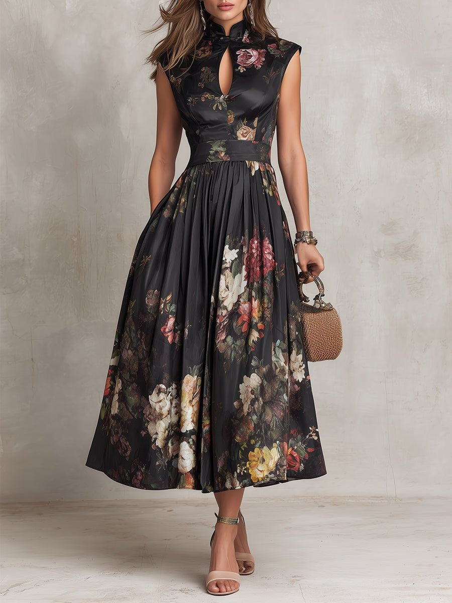 Elegant women's floral midi dress, keyhole neckline, defined waist, perfect for spring/summer occasions.