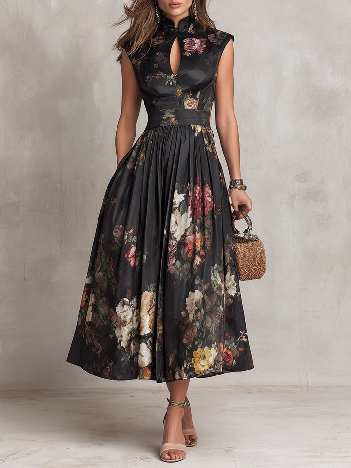 Elegant women's floral midi dress, keyhole neckline, defined waist, perfect for spring/summer occasions.