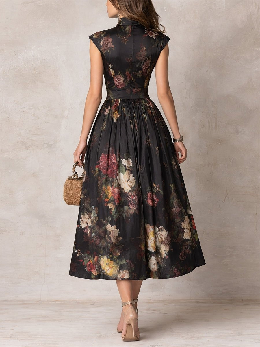 Vibrant floral print on an elegant flowy midi dress for women, featuring a stylish keyhole neckline.
