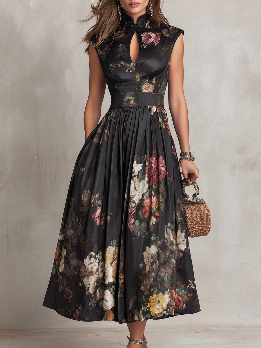 Elegant women's floral midi party dress, defined waist, keyhole neckline. Perfect for spring & summer occasions.