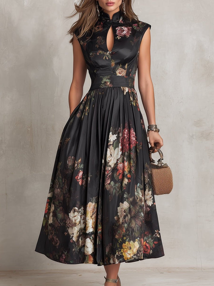 Elegant women's floral midi party dress, defined waist, keyhole neckline. Perfect for spring & summer occasions.