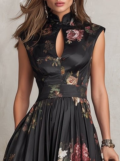 Graceful women's elegant floral midi dress with keyhole neckline & defined waist, showcasing its flowy silhouette.