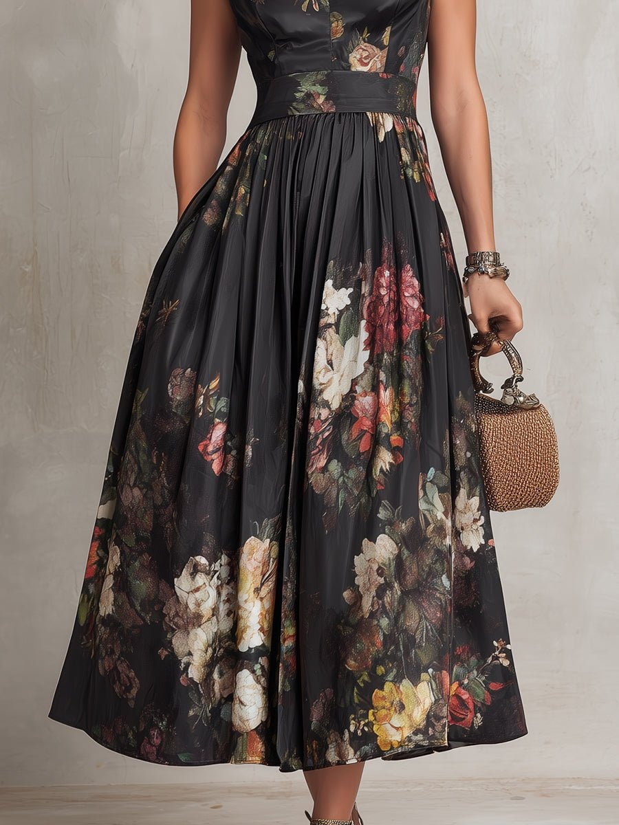 Chic women's elegant floral midi dress, features a keyhole neckline & defined waist. Ideal for spring/summer events.