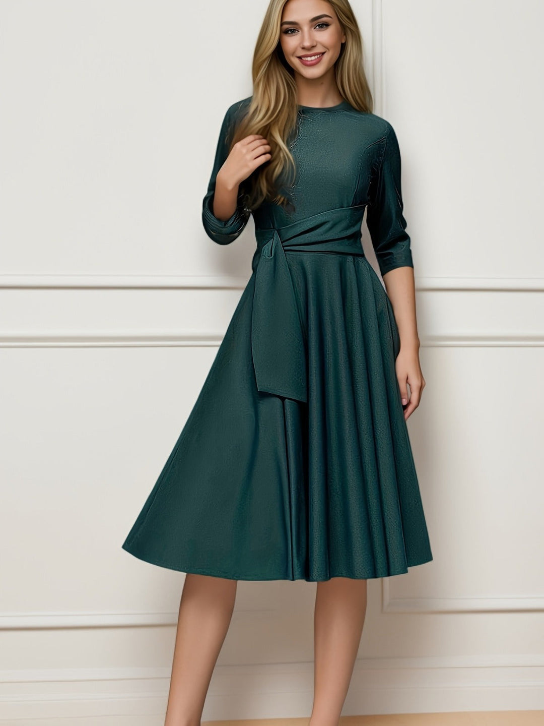 Stylish women's elegant midi party dress, fit & flare silhouette, featuring a tasteful bow waist design.