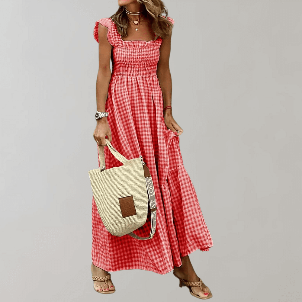Beautiful elegant smocked gingham maxi dress for women, featuring a flattering square neckline and tiered design.