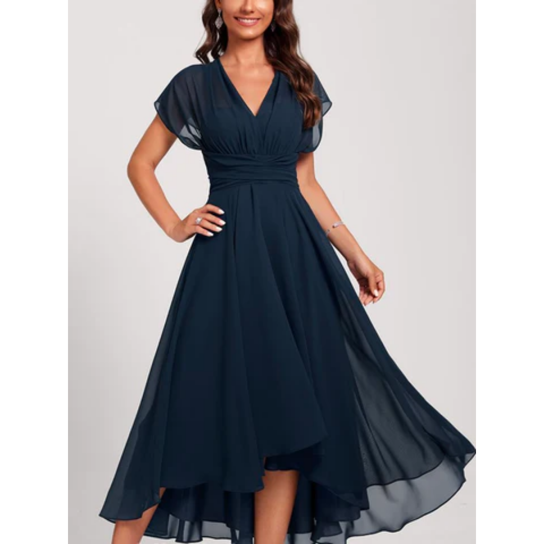 Elegant women's high-low formal dress with V-neck, flutter sleeves, and A-line skirt for evening events.