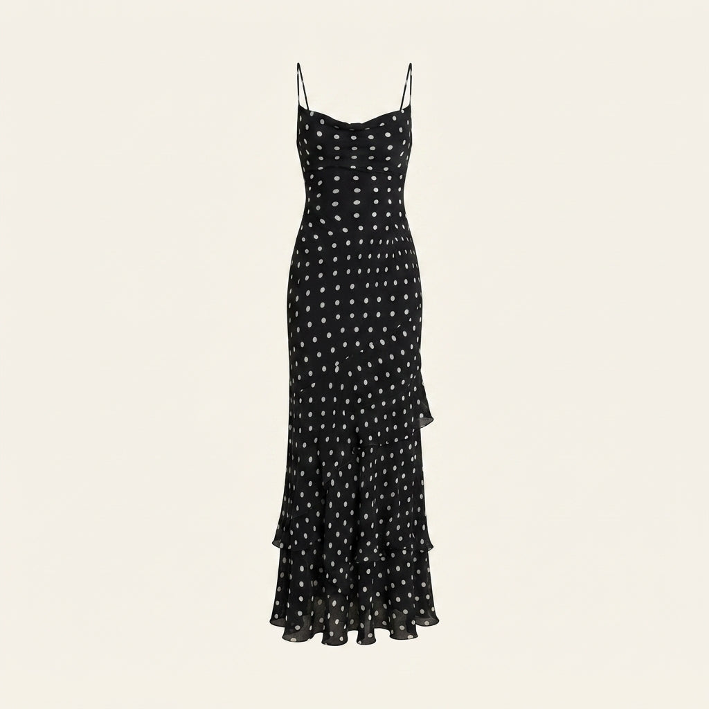 Stylish women's black polka dot maxi dress with elegant tiered skirt, ideal for summer occasions.