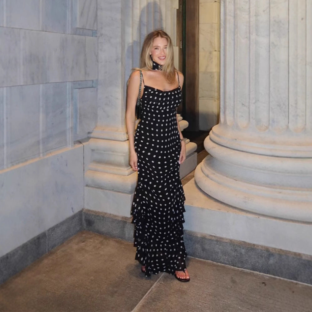 Black polka dot tiered maxi dress, an elegant women's summer outfit for races & special events.