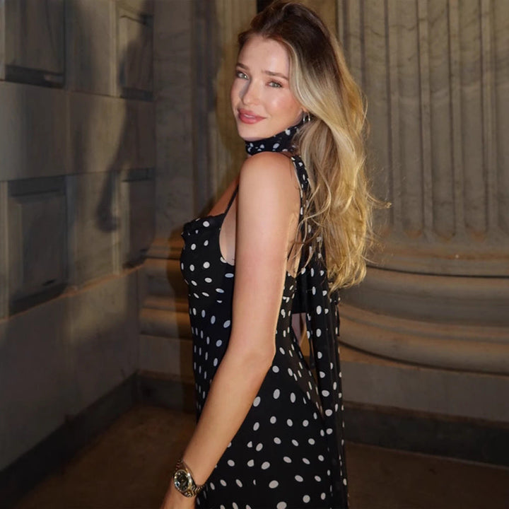 Elegant women's polka dot tiered maxi dress; versatile for races, garden parties & summer occasions.
