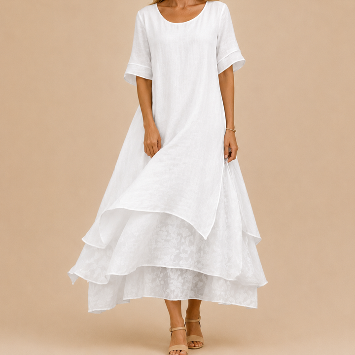 Blue flowy tiered ruffle maxi dress, featuring a scoop neck, comfortable for vacation and casual wear.