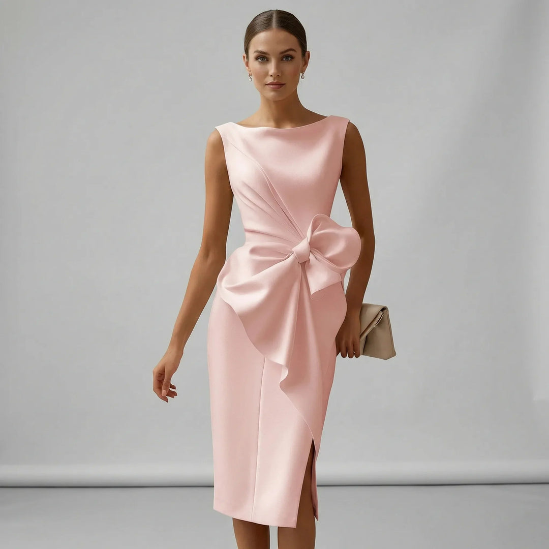 Elegant women's Timeless Bow Detail Midi Races Dress, perfect for formal events & special occasions.