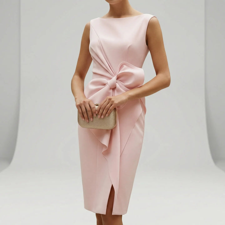 Sophisticated women's formal midi dress featuring a graceful bow detail, great for any special occasion.