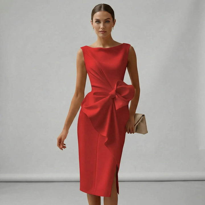 Graceful women's cocktail midi dress with a timeless bow design, ideal for formal gatherings & events.