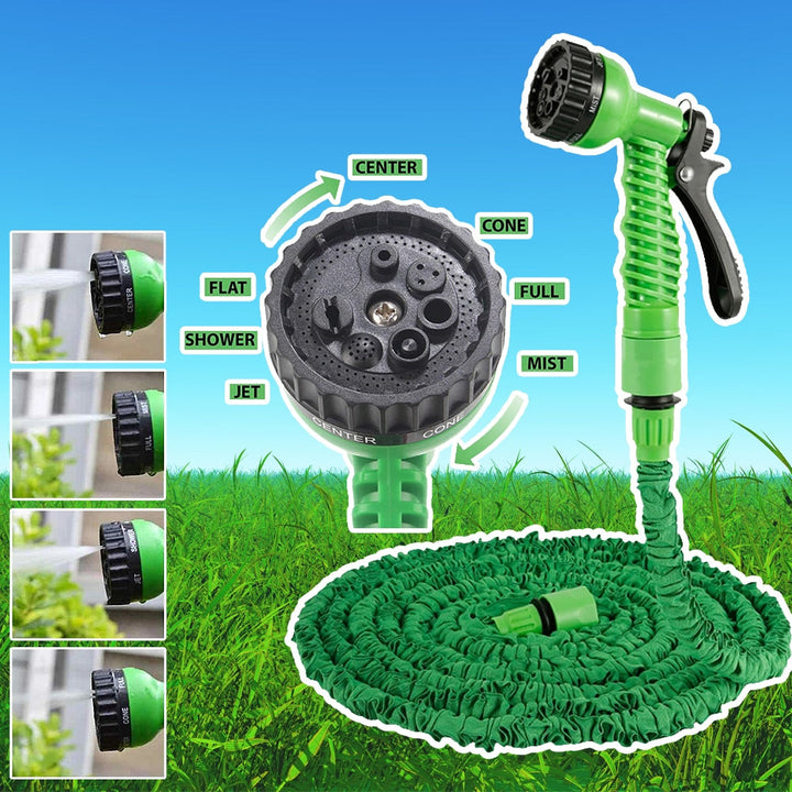 Expandable garden water hose in action, effortlessly watering plants in a vibrant garden.
