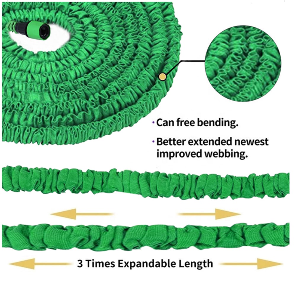 Lightweight green expandable garden hose, perfect for easy watering and outdoor gardening tasks.