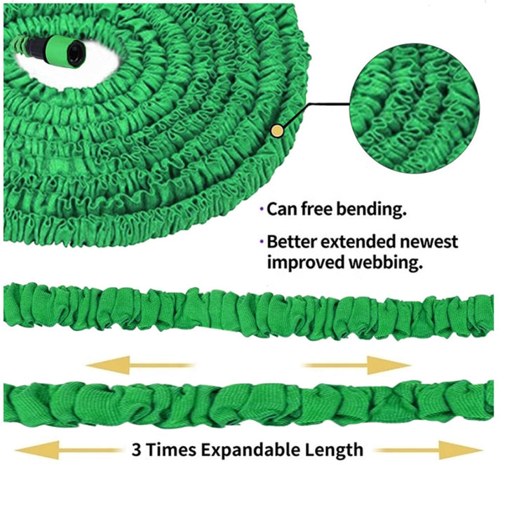 Lightweight green expandable garden hose, perfect for easy watering and outdoor gardening tasks.