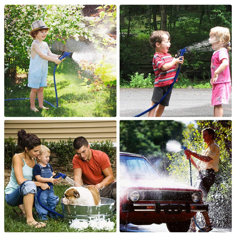 Blue flexible garden hose, durable and expandable, making yard work and watering simple.