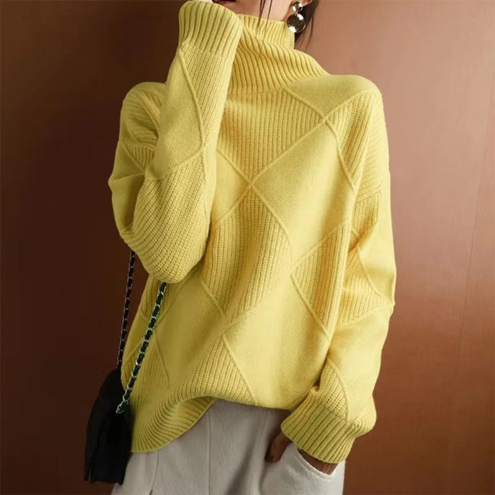 Elegant women's turtleneck sweater, a cozy long-sleeve pullover for warm winter fashion & fall layering.