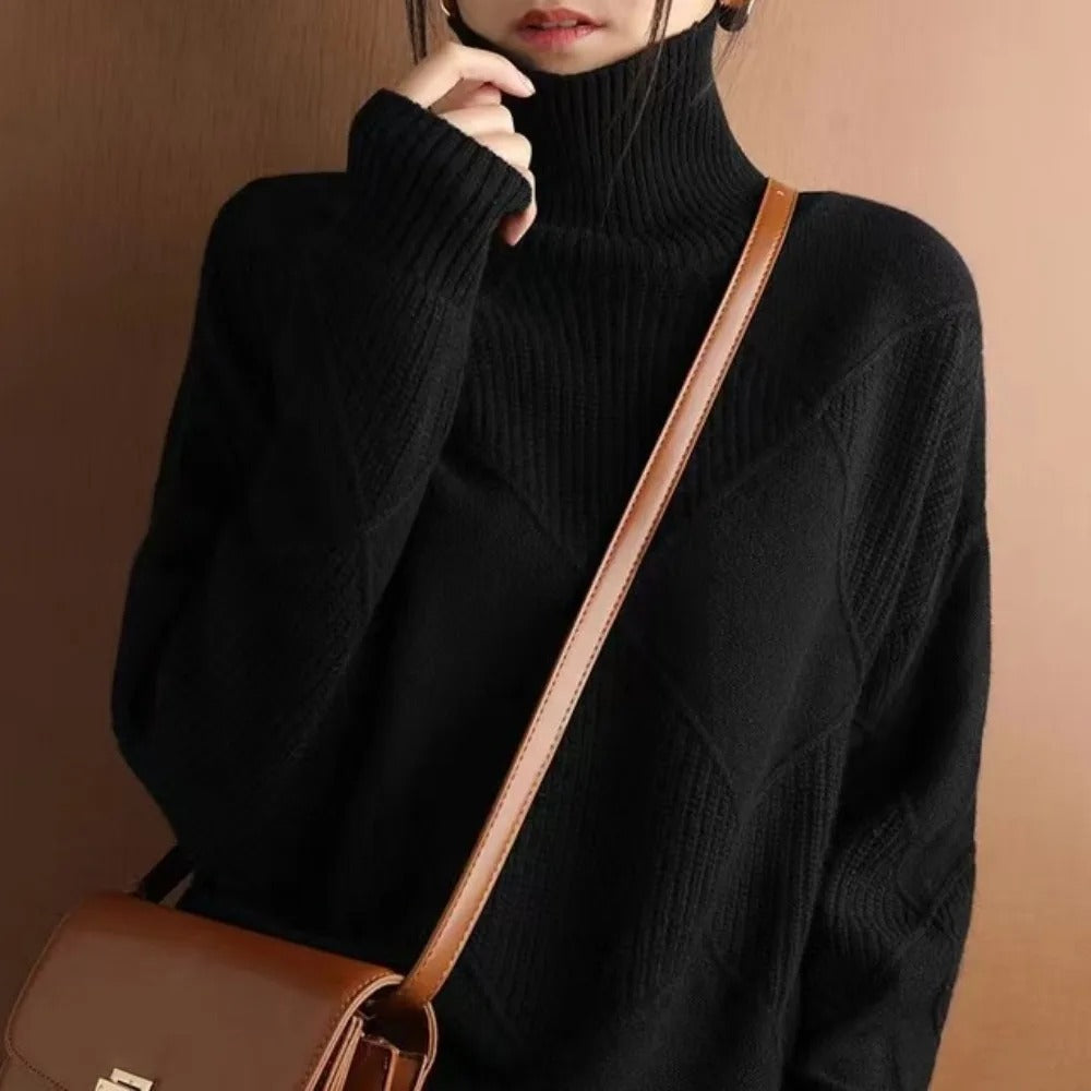 Stylish women's elegant turtleneck sweater, perfect for warm fall & winter fashion outfits.