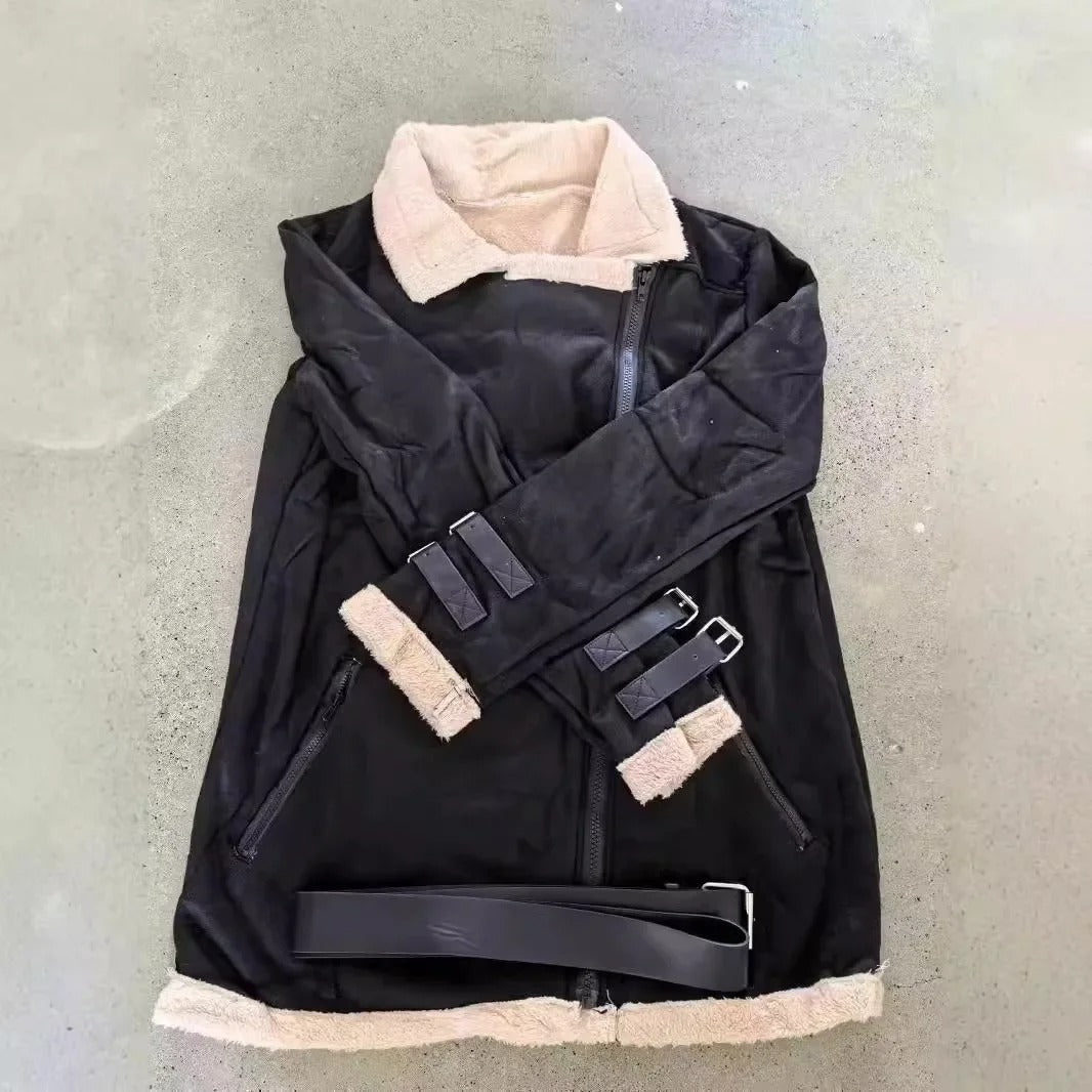 Warm, belted women's winter jacket, a cozy outerwear essential with ample pockets.