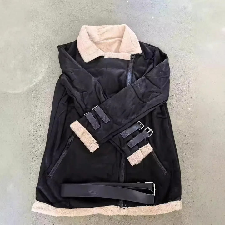 Warm, belted women's winter jacket, a cozy outerwear essential with ample pockets.