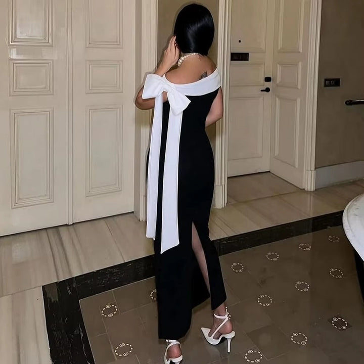 Chic women's off-shoulder black midi dress, an elegant evening gown for formal parties.