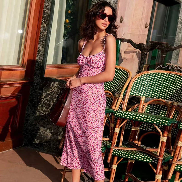 Pink floral ruffle strap midi dress for women. Light & breezy summer vacation wear, perfect for day outings.