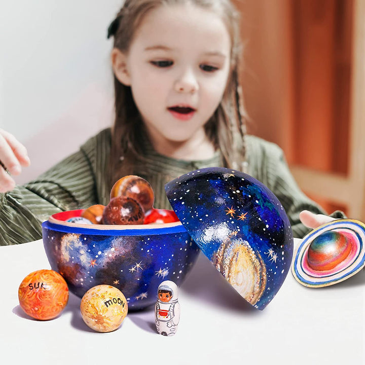 Kids' educational wooden planet set for early learning about the solar system and universe; perfect science toy.