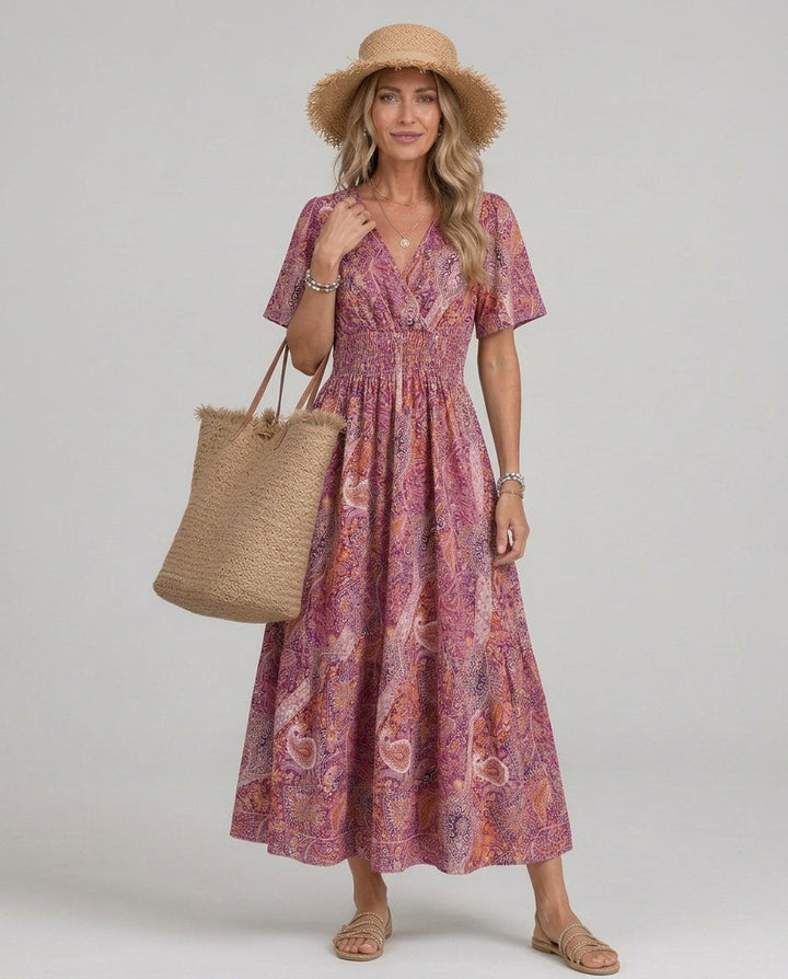 Women's effortless paisley smocked boho maxi dress, perfect for summer.
