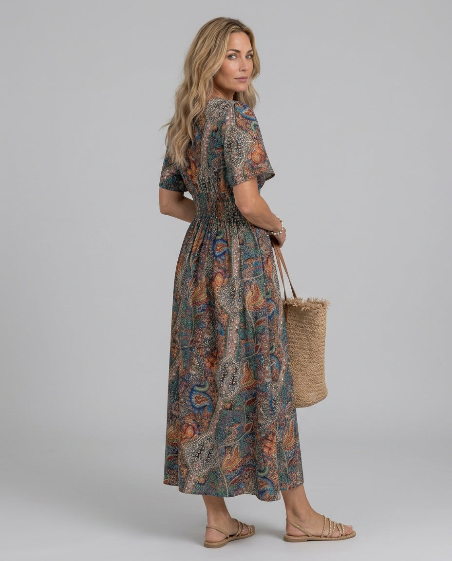 Effortless women's paisley smocked boho maxi dress for spring & summer style.