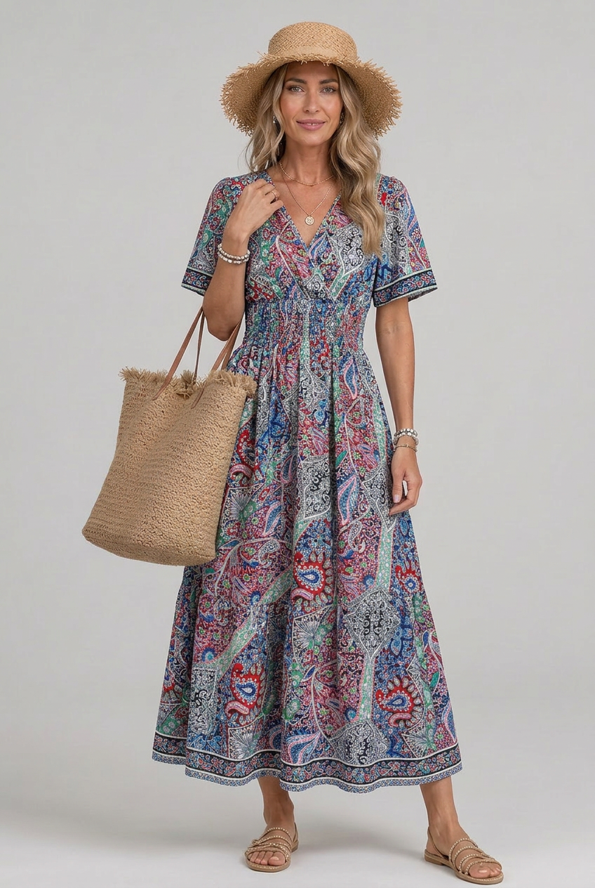 Casual women's spring/summer paisley maxi dress, V-neck, smocked waist, boho style.