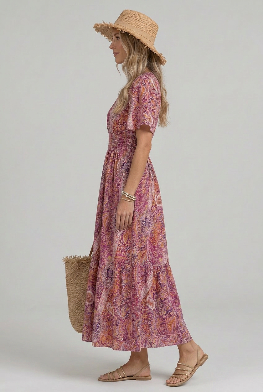 Women's casual paisley print smocked boho maxi dress, V-neck, tiered skirt.
