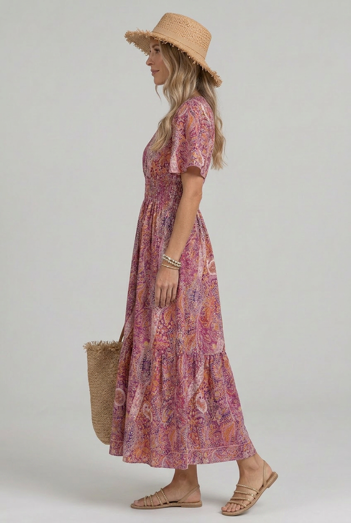 Women's casual paisley print smocked boho maxi dress, V-neck, tiered skirt.