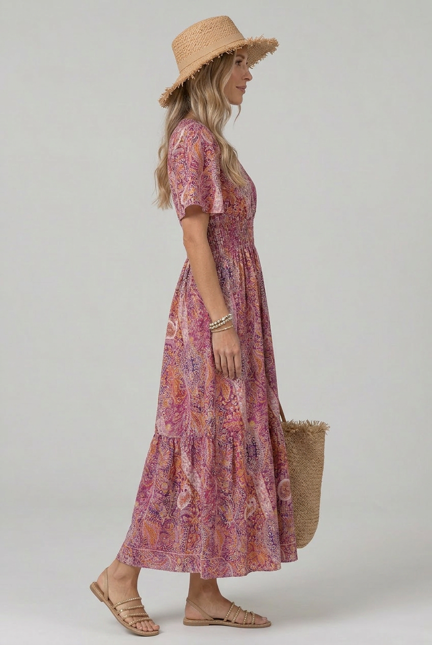 Chic women's summer paisley maxi dress with smocked waist & flowy design.