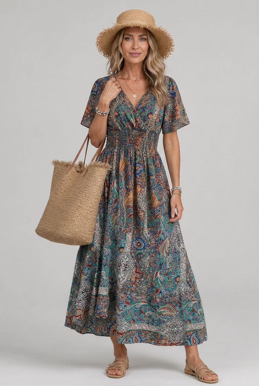 Perfect beach or casual spring dress: women's paisley smocked boho maxi.